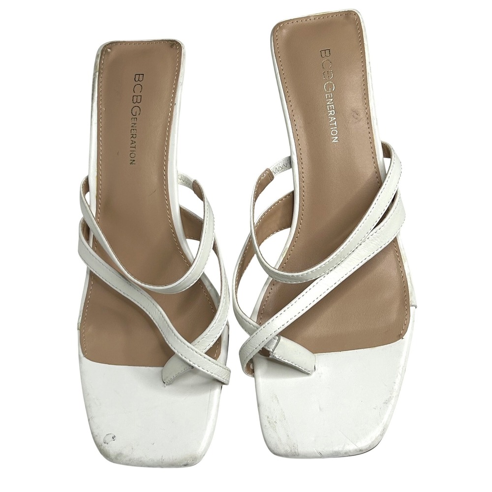 BCBGeneration White Leather Square Toe Thong Heel Sandals Women's Size 9.5